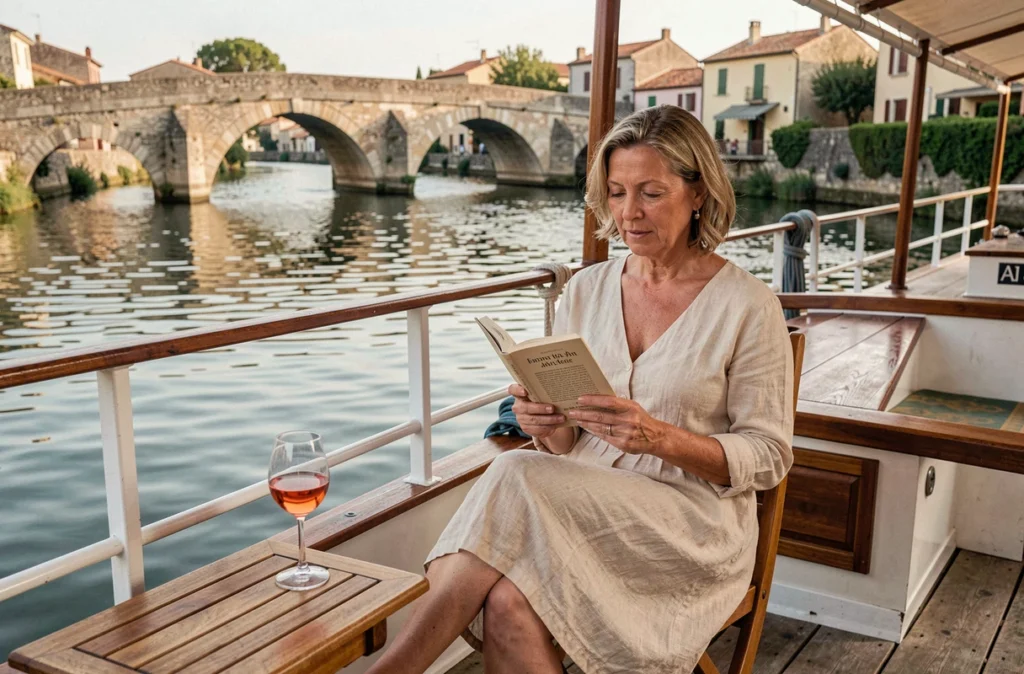 Femme se détendant à la poupe d'une péniche sur le Canal du Midi, lisant un livre avec un verre de rosé, ambiance croisière tout inclus