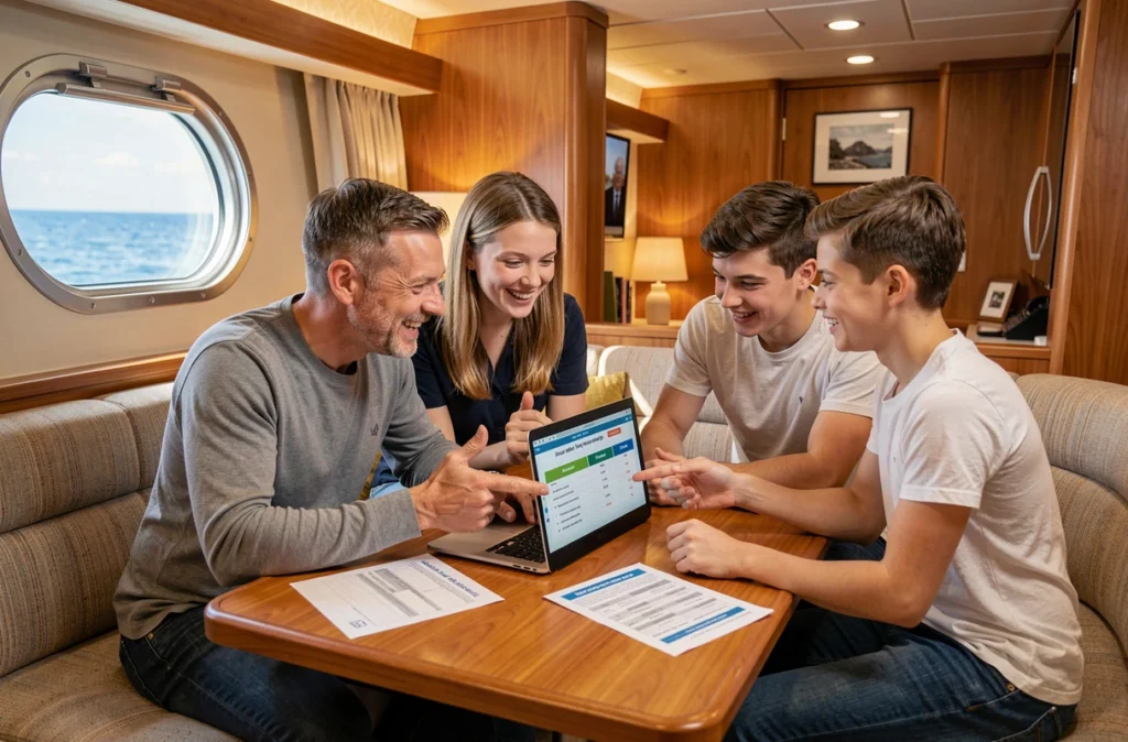 Famille en cabine de paquebot comparant les prix et budgets de croisière sur un ordinateur