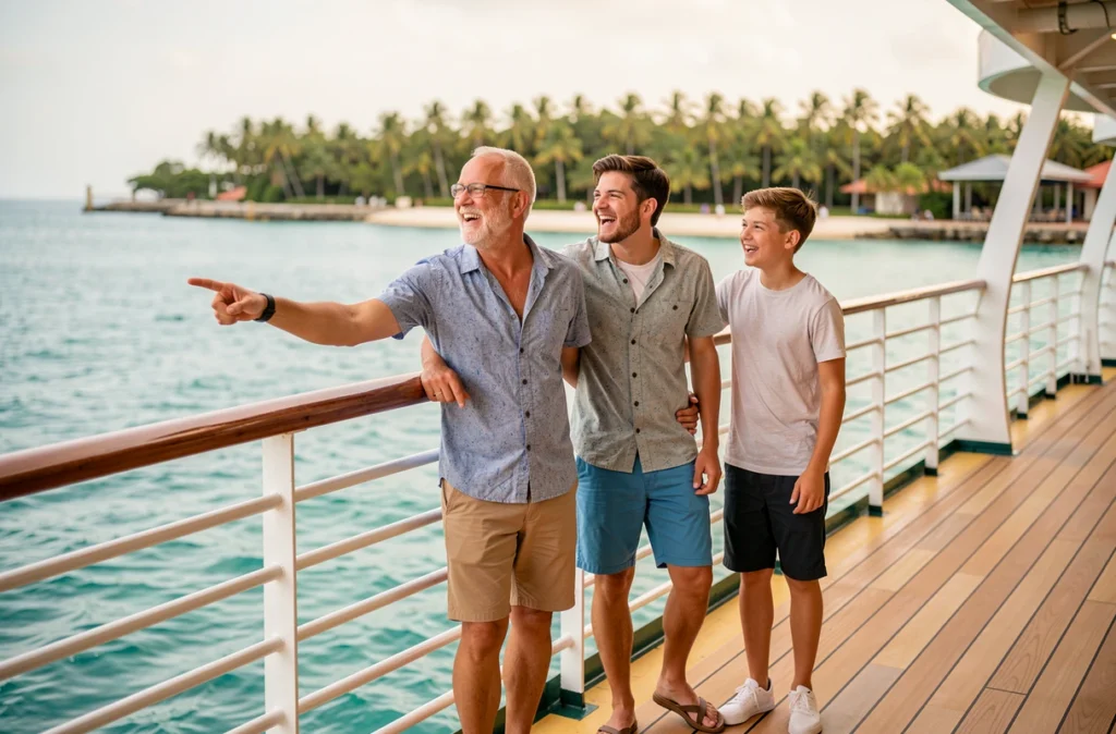 Famille en vacances sur le pont d'un navire de croisière Disney observant une île tropicale depuis la rambarde