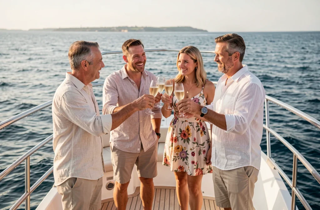 Groupe d'adultes portant un toast sur le pont arrière d'un petit bateau de croisière privatisé en mer