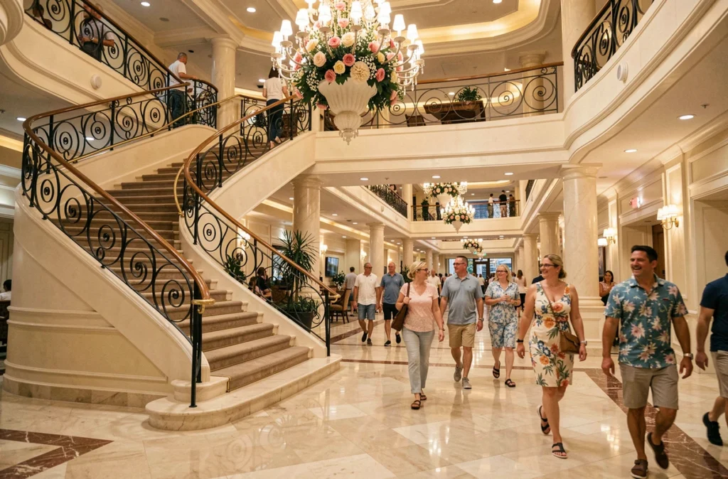 Intérieur luxueux de l'atrium d'un navire Disney Cruise Line avec grand escalier et décoration élégante