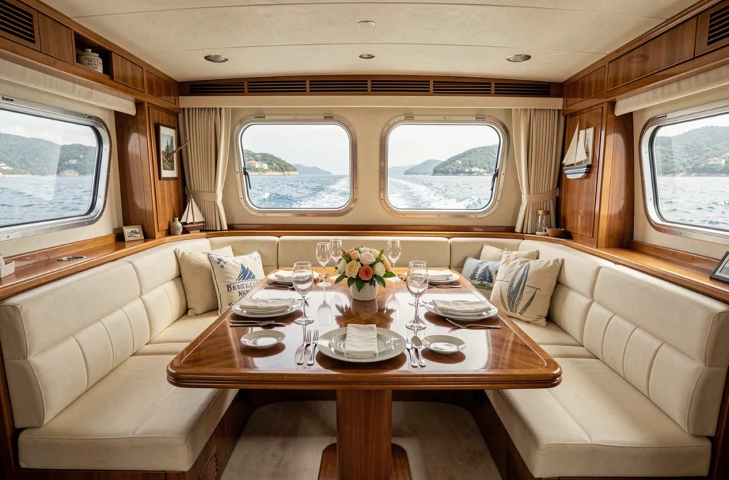 Intérieur élégant du salon d'un petit bateau de croisière privatisable avec table dressée et hublots panoramiques