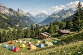 Vue panoramique d'un camping en Isère avec des tentes colorées et des chalets en bois au pied des montagnes alpines