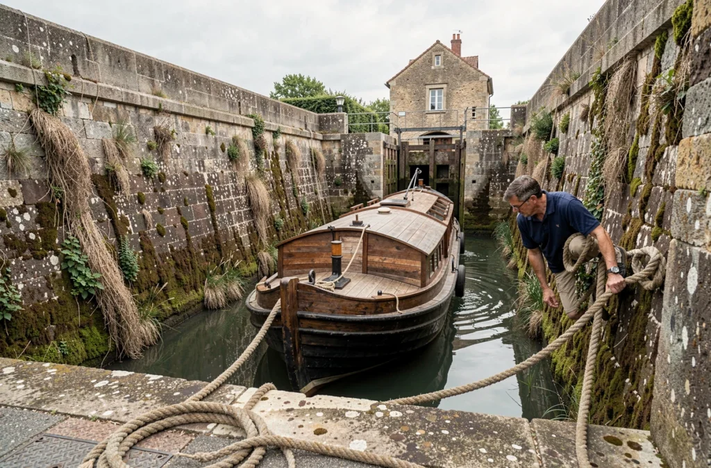 Péniche franchissant une écluse historique sur le Canal du Midi, matelot manœuvrant les amarres, architecture en pierre typique du canal