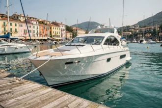 Petit bateau de croisière privatisable amarré dans un port de la Côte d'Azur avec coque blanche et pont en teck