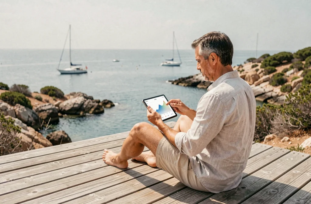 Homme consultant des prévisions de température de l'eau en Méditerranée sur une tablette depuis un ponton