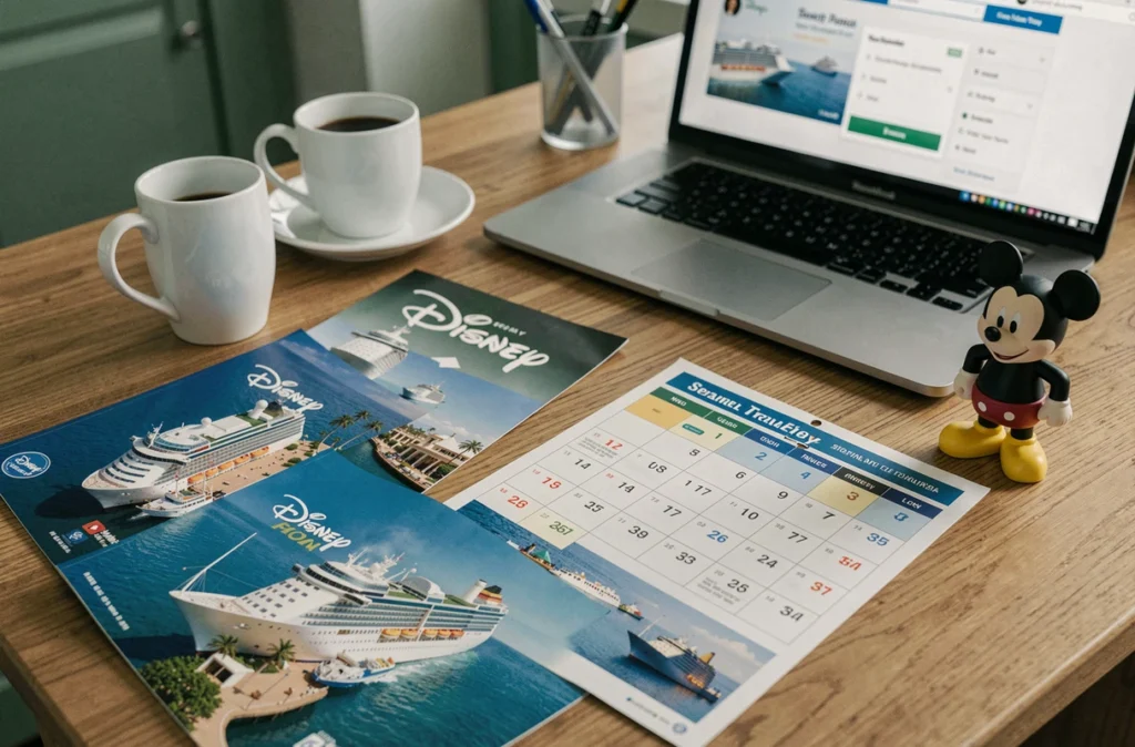 Bureau d'agent de voyage avec brochures de croisière Disney et calendrier de prix saisonniers