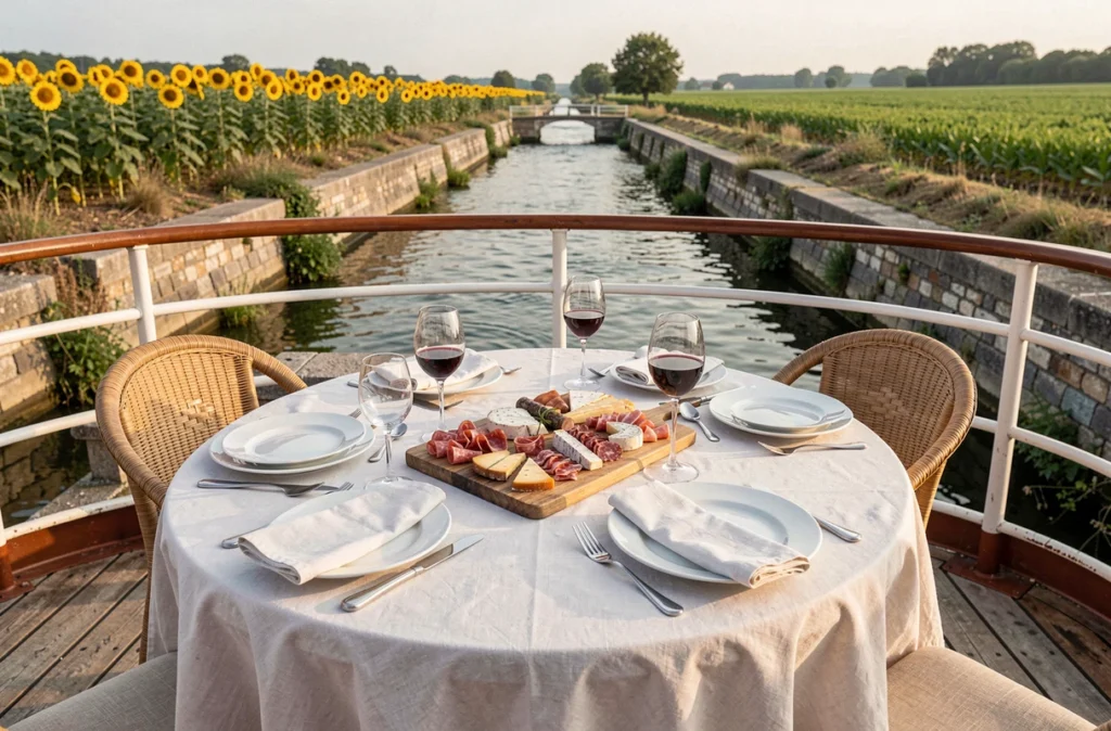 Table dressée sur le pont d'une péniche pour un repas en pension complète sur le Canal du Midi, avec produits régionaux et vue sur le canal