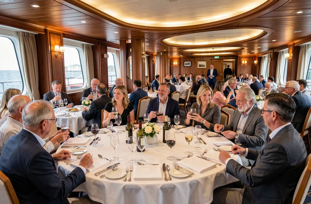 Salle de restaurant élégante d'un bateau de croisière Costa avec passagers attablés