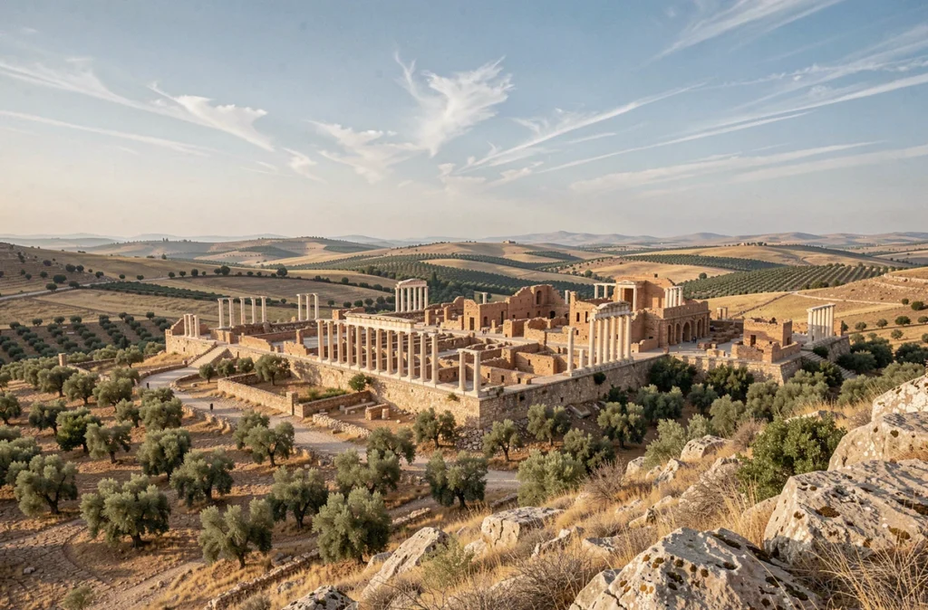 Vue panoramique sur des ruines romaines tunisiennes isolées entourées d'oliveraies et de paysages arides sans touristes