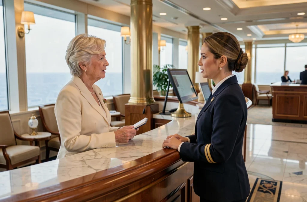 Femme senior discutant avec un concierge de croisière à la réception d'un paquebot de luxe