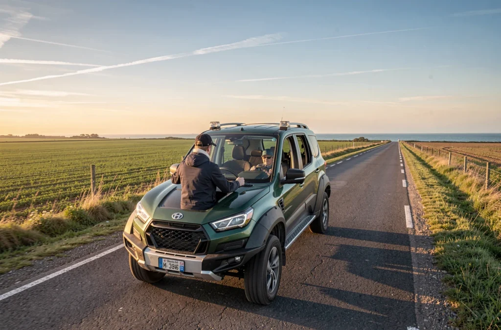 Autocar sur une route de campagne du littoral du Pas-de-Calais