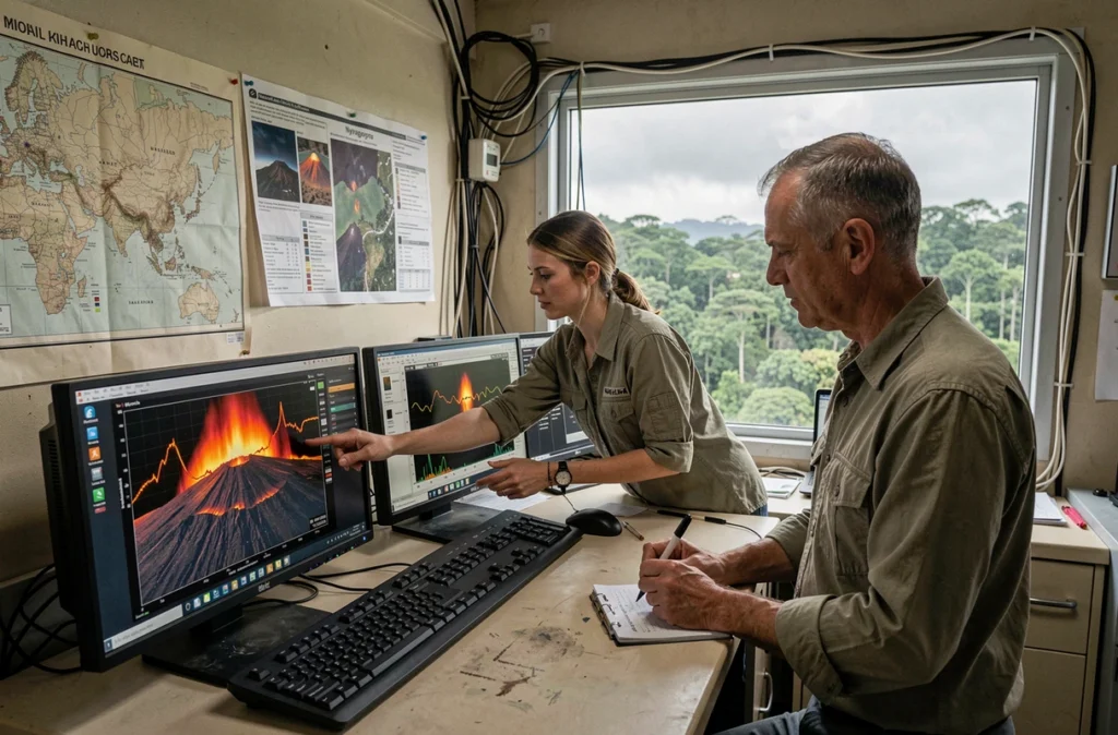 Équipe de scientifiques analysant les données de surveillance en temps réel du volcan Nyiragongo dans un centre d'observation volcanologique