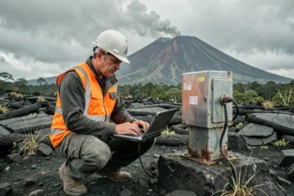 Volcanologue surveillant une station sismique sur les flancs du volcan Nyiragongo en République démocratique du Congo